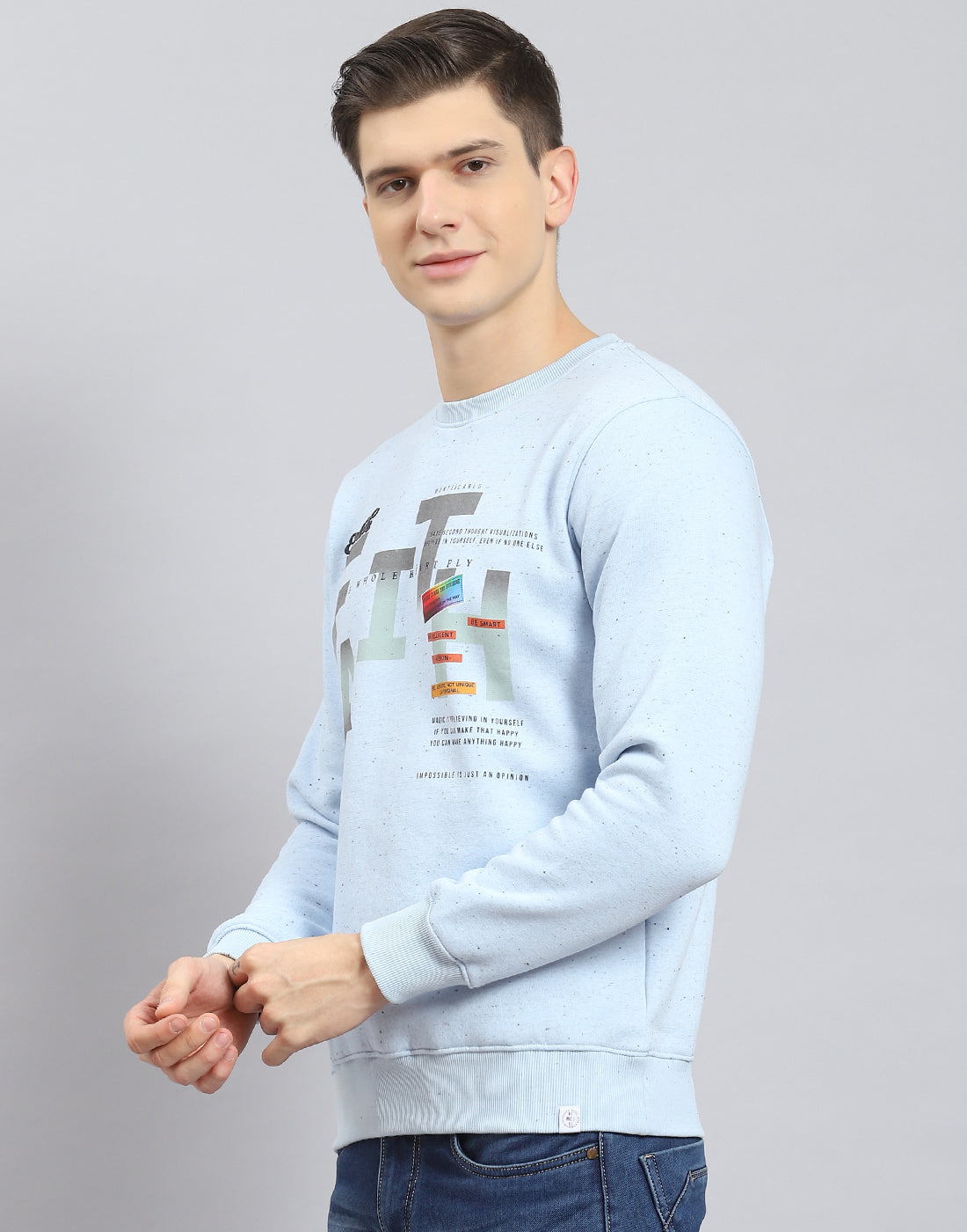 Men Blue Printed Round Neck Full Sleeve Sweatshirt