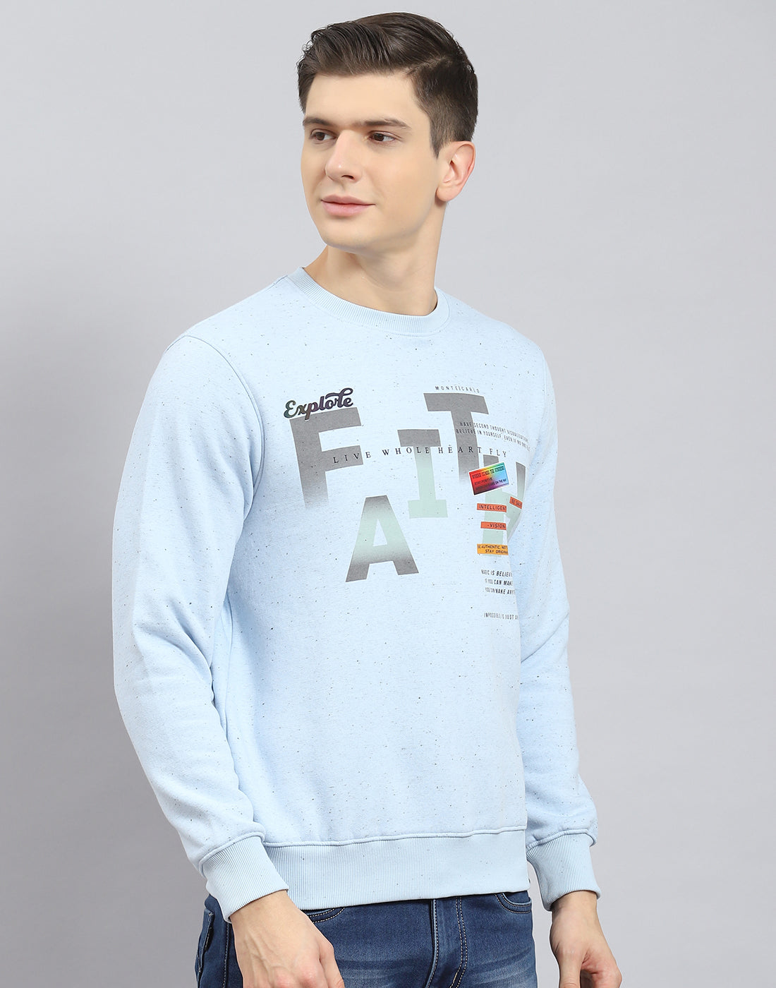 Men Blue Printed Round Neck Full Sleeve Sweatshirt