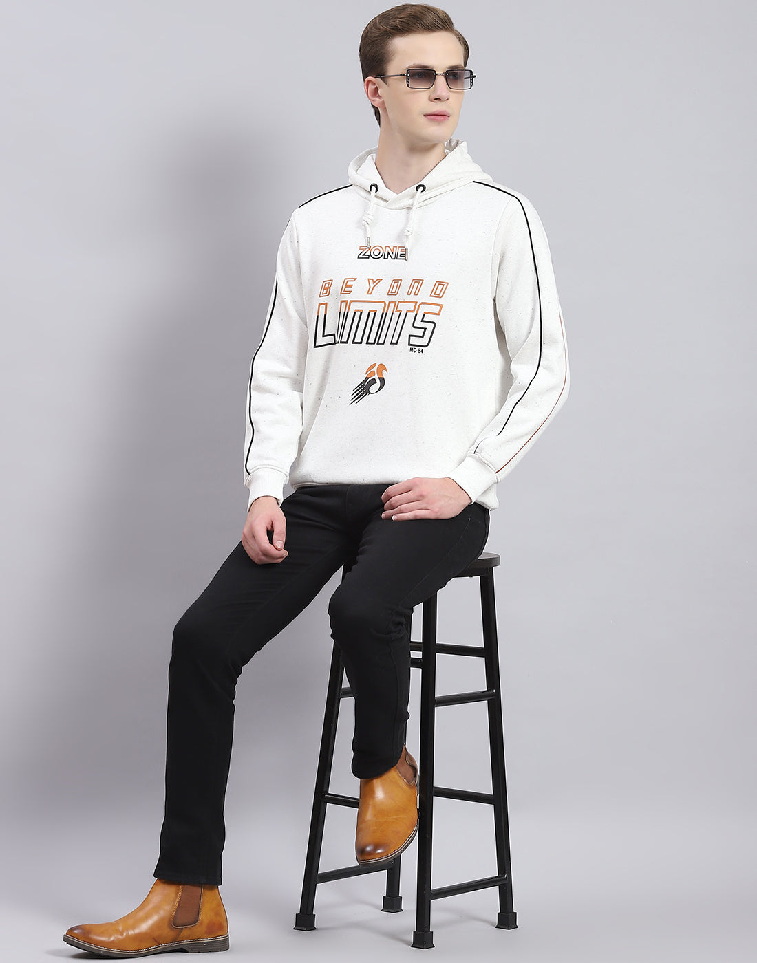 Men Off White Printed Hooded Full Sleeve Sweatshirt