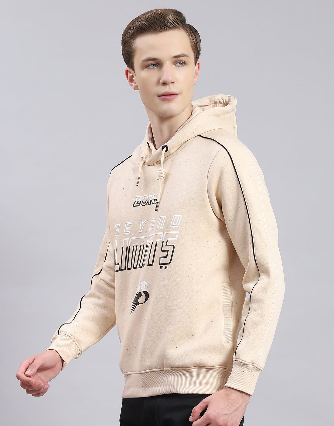 Men Beige Printed Hooded Full Sleeve Sweatshirt