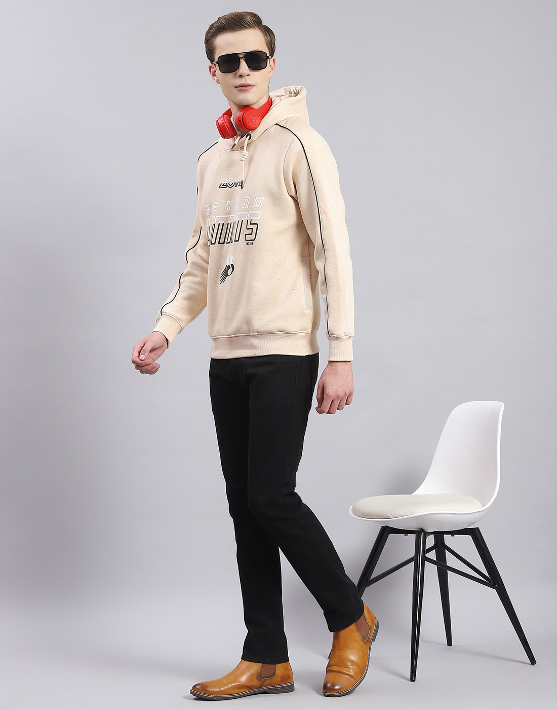 Men Beige Printed Hooded Full Sleeve Sweatshirt