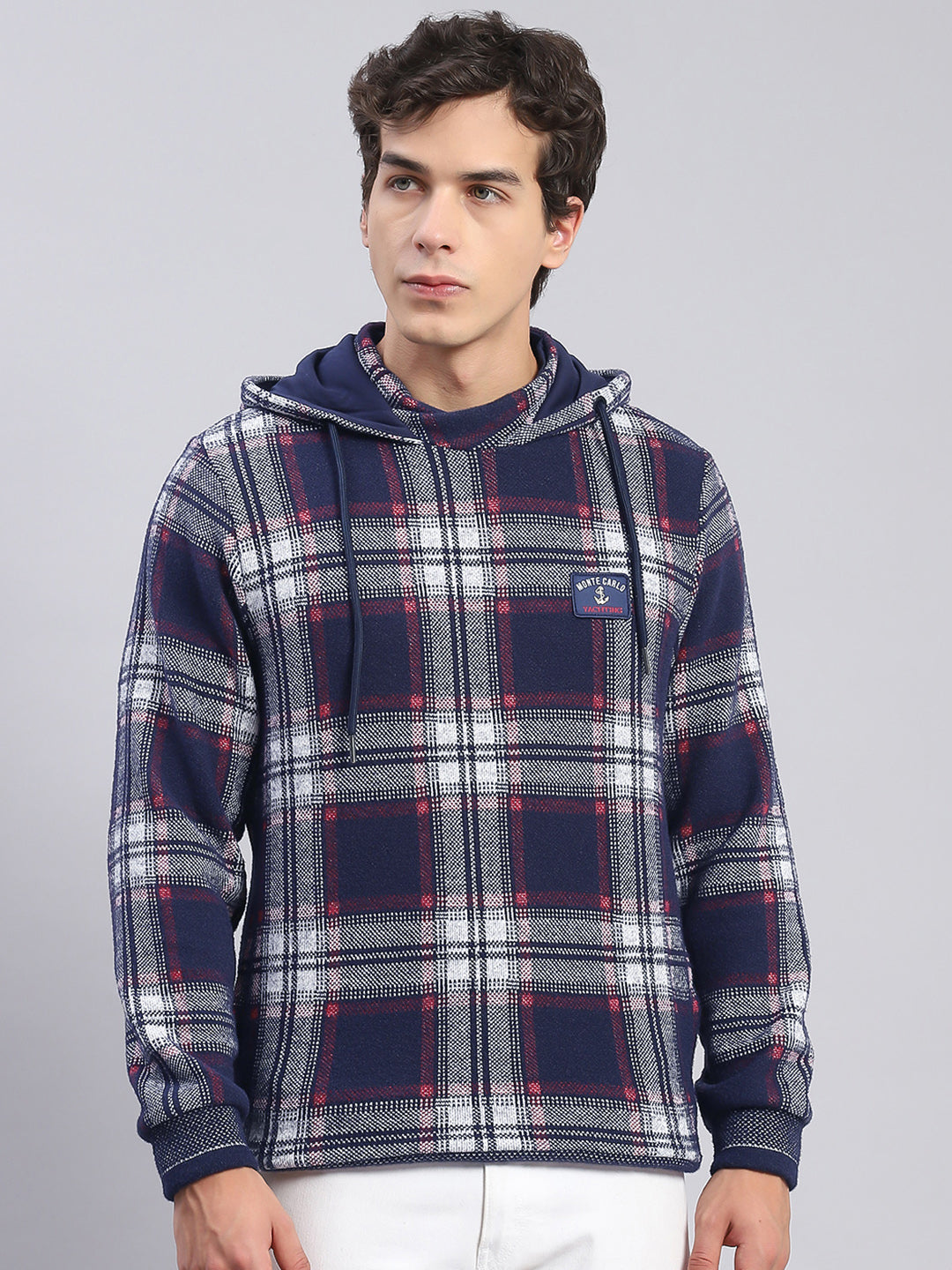 Men Blue Check Hooded Full Sleeve Sweatshirts