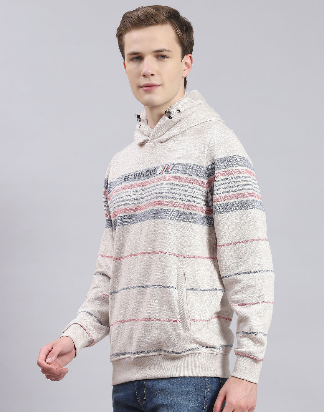Men Grey Stripe Hooded Full Sleeve Sweatshirt