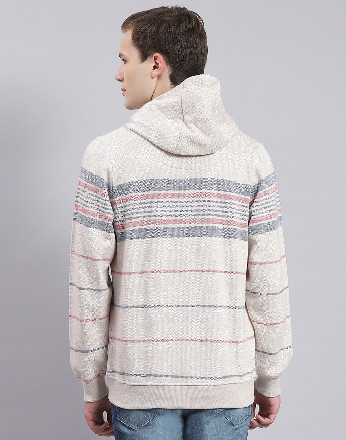 Men Grey Stripe Hooded Full Sleeve Sweatshirt