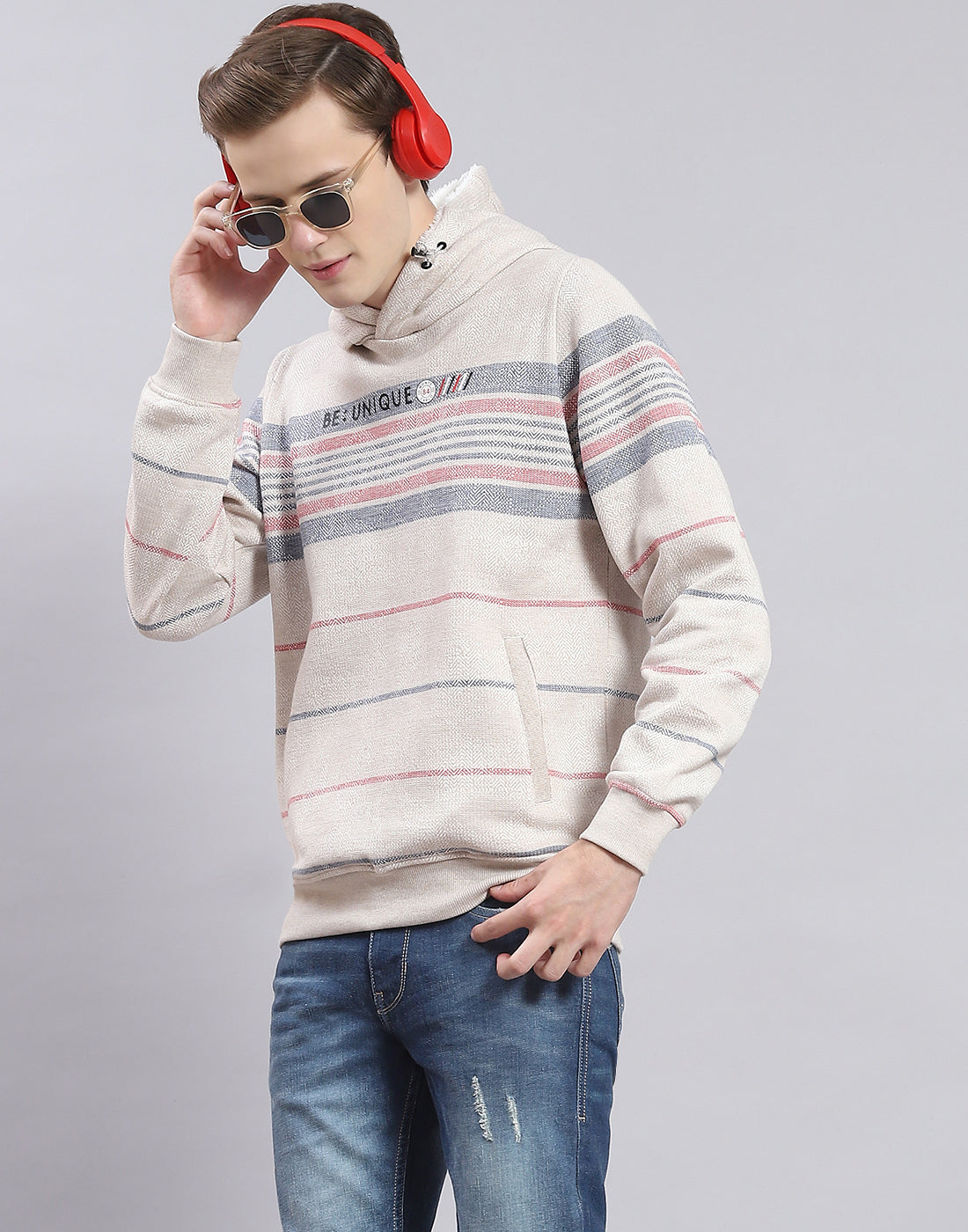 Men Grey Stripe Hooded Full Sleeve Sweatshirt