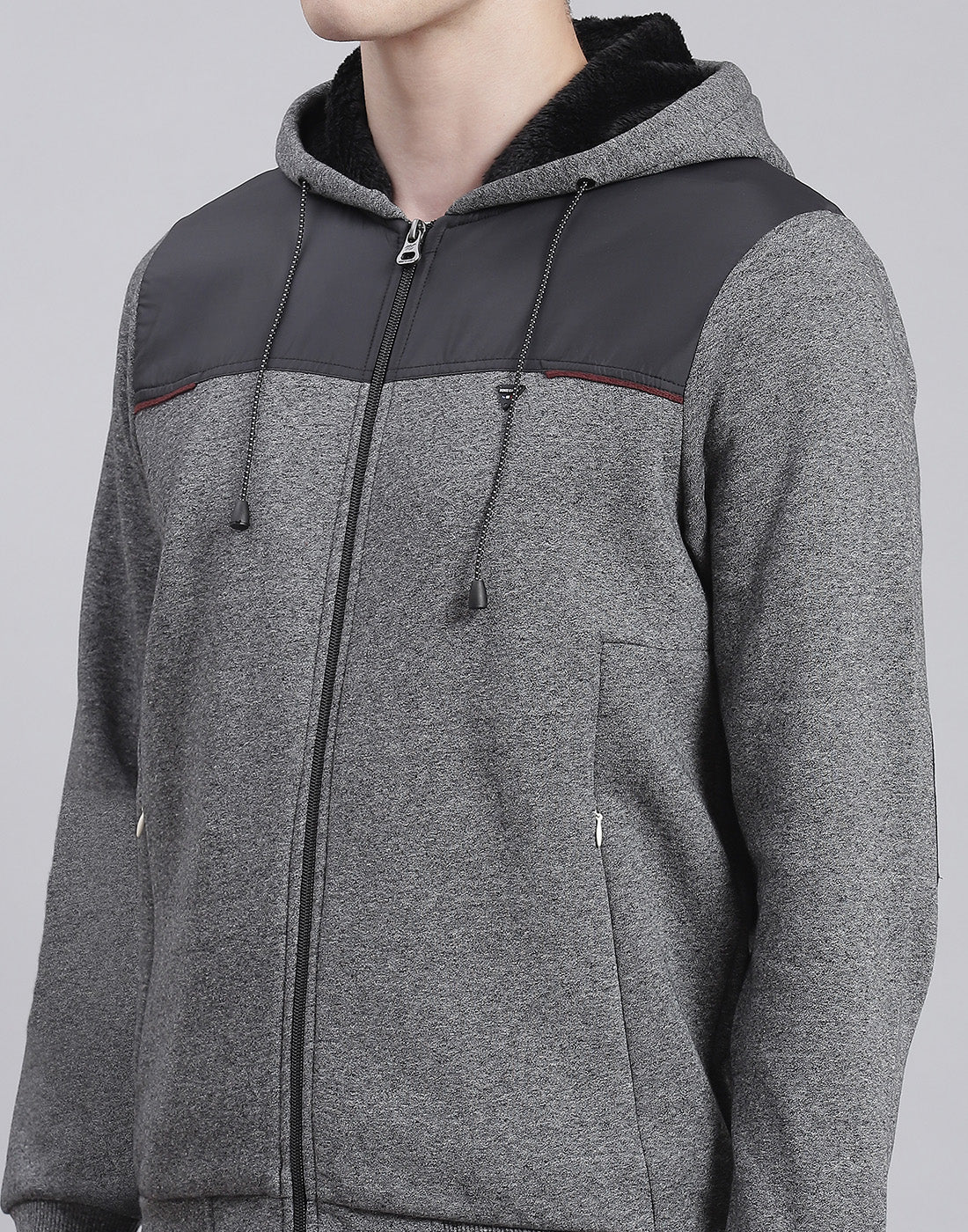 Men Grey Solid Hooded Full Sleeve Sweatshirt