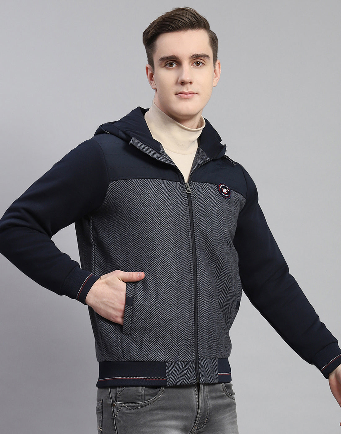 Men Navy Blue Hooded Jacket with Attached Inflatable Neck Pillow