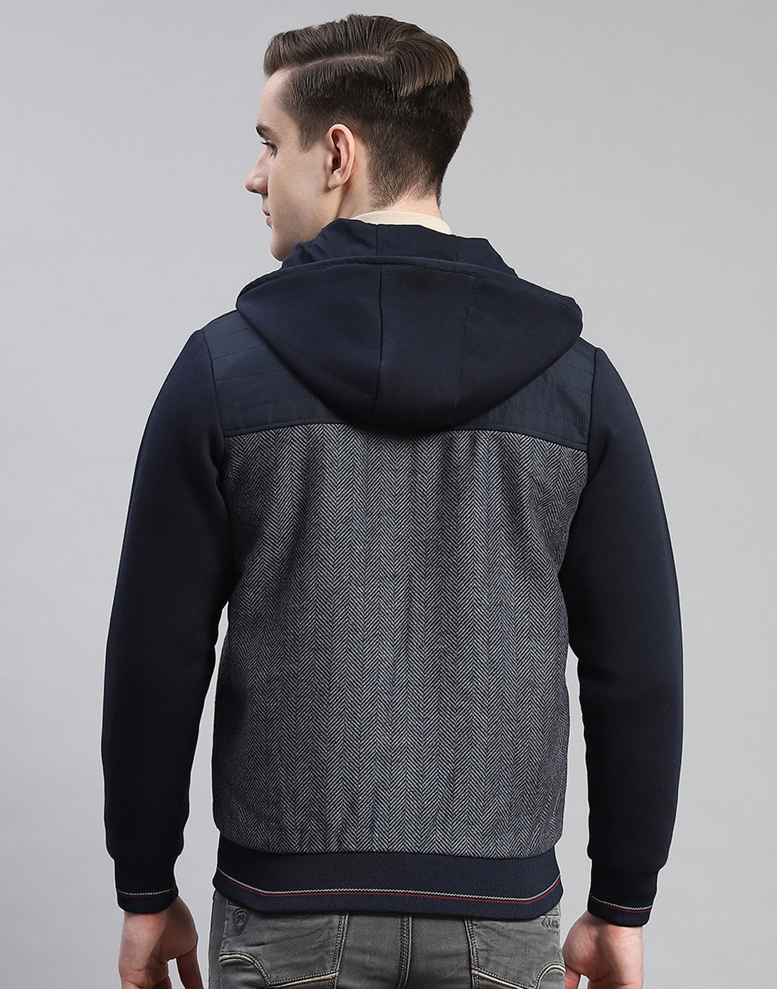 Men Navy Blue Hooded Jacket with Attached Inflatable Neck Pillow