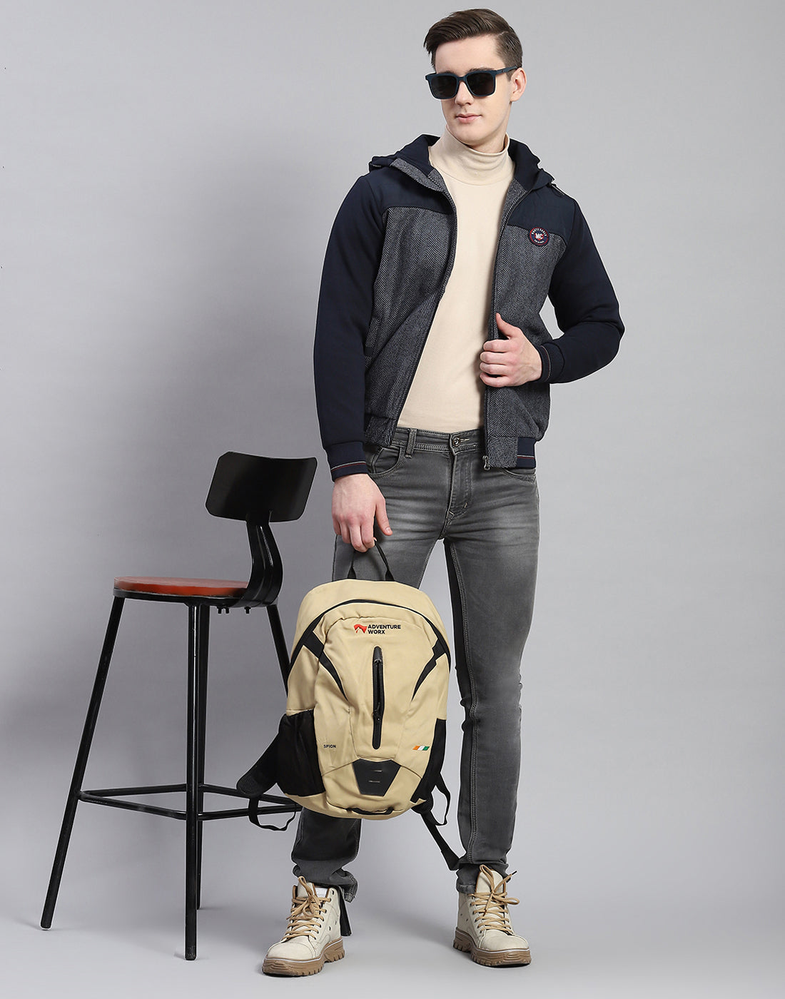 Men Navy Blue Hooded Jacket with Attached Inflatable Neck Pillow