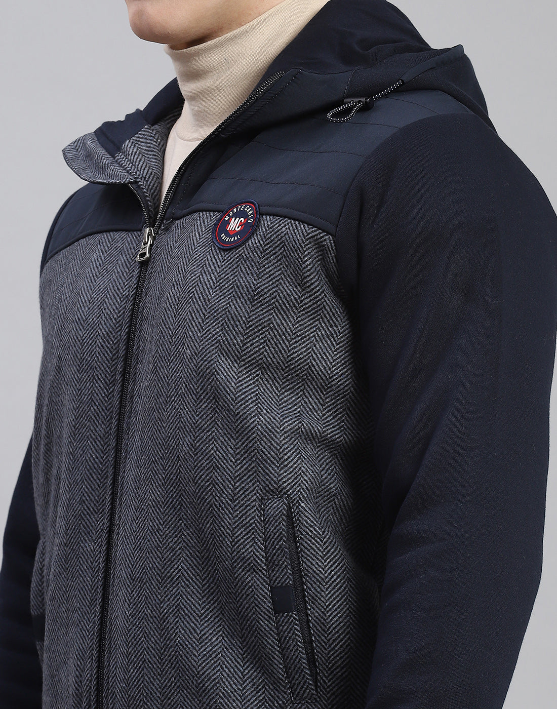 Men Navy Blue Hooded Jacket with Attached Inflatable Neck Pillow