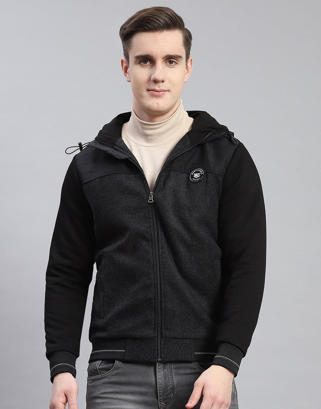 Men Black Hooded Jacket with Attached Inflatable Neck Pillow