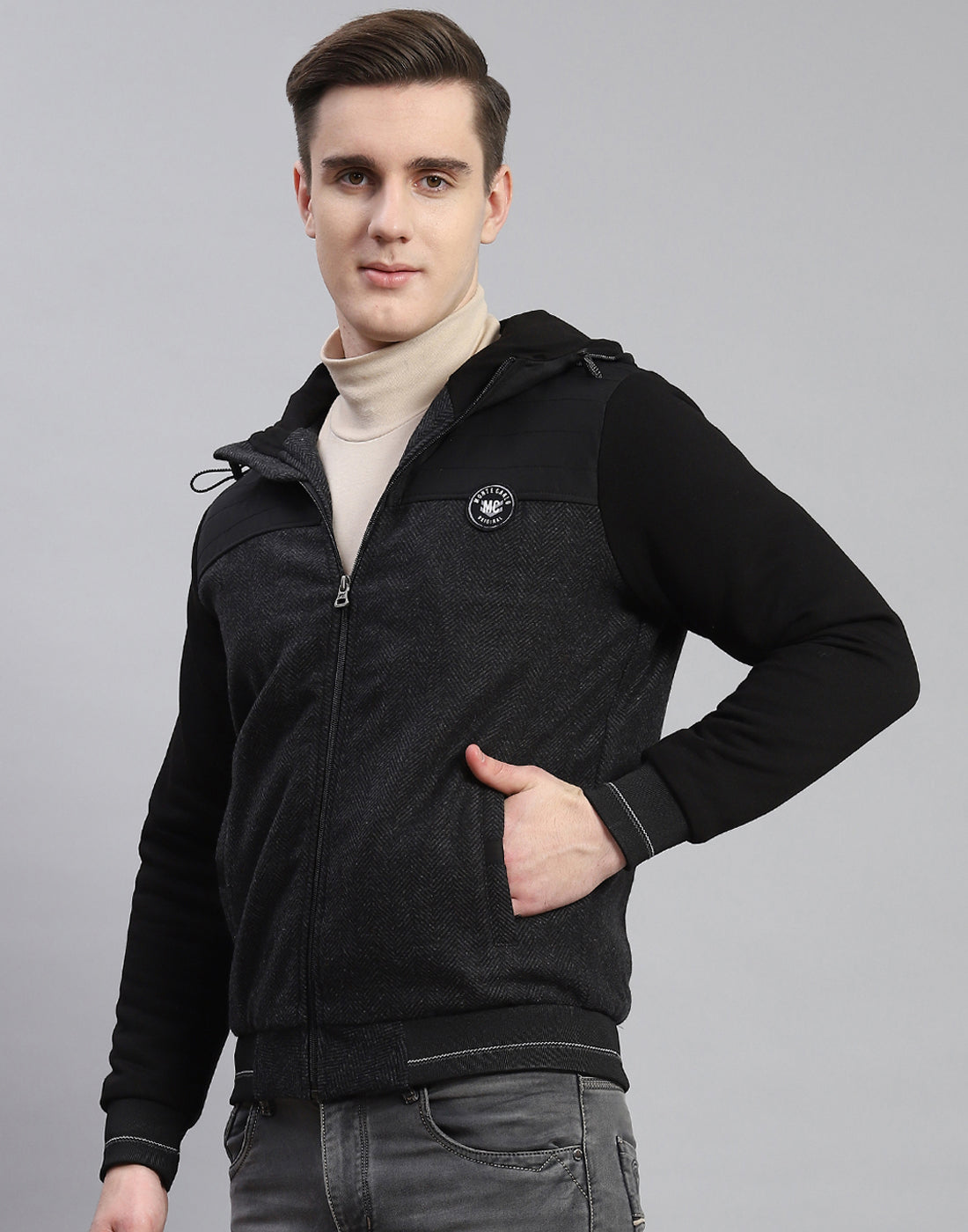 Men Black Hooded Jacket with Attached Inflatable Neck Pillow