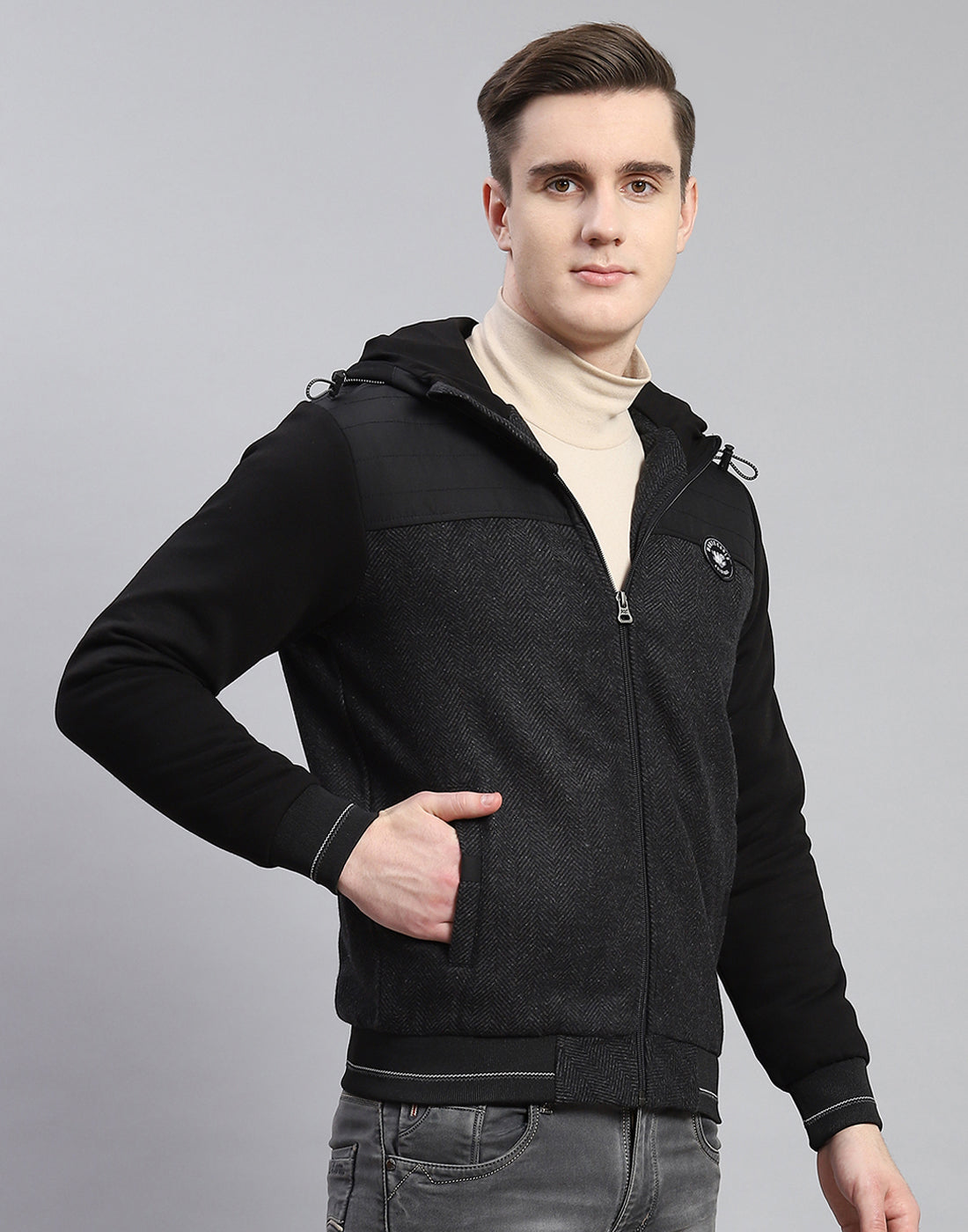 Men Black Hooded Jacket with Attached Inflatable Neck Pillow