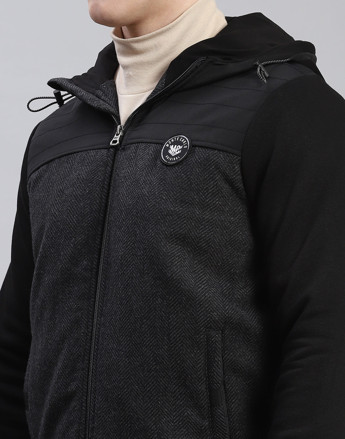 Men Black Hooded Jacket with Attached Inflatable Neck Pillow