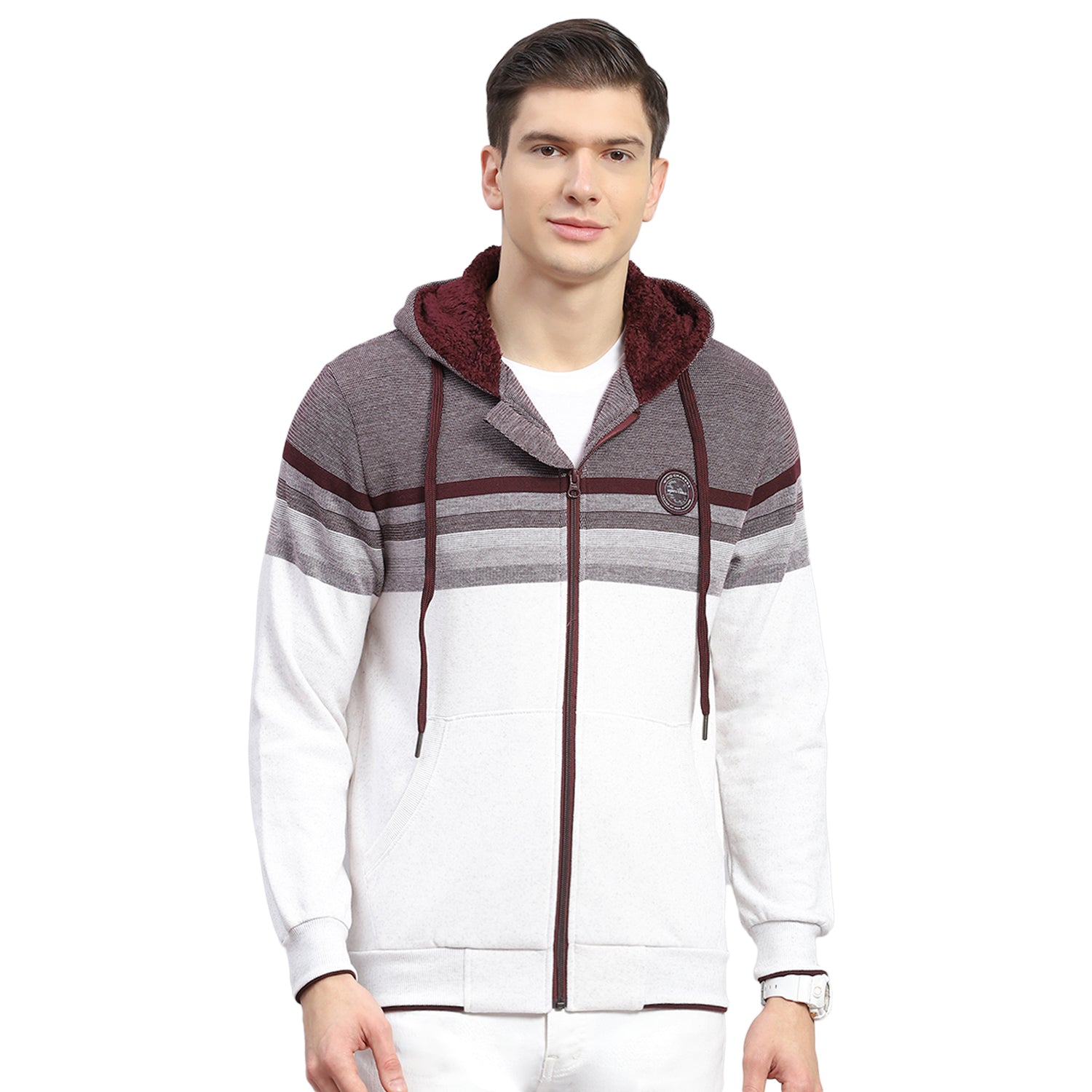 Men Maroon Solid Hooded Full Sleeve Sweatshirt