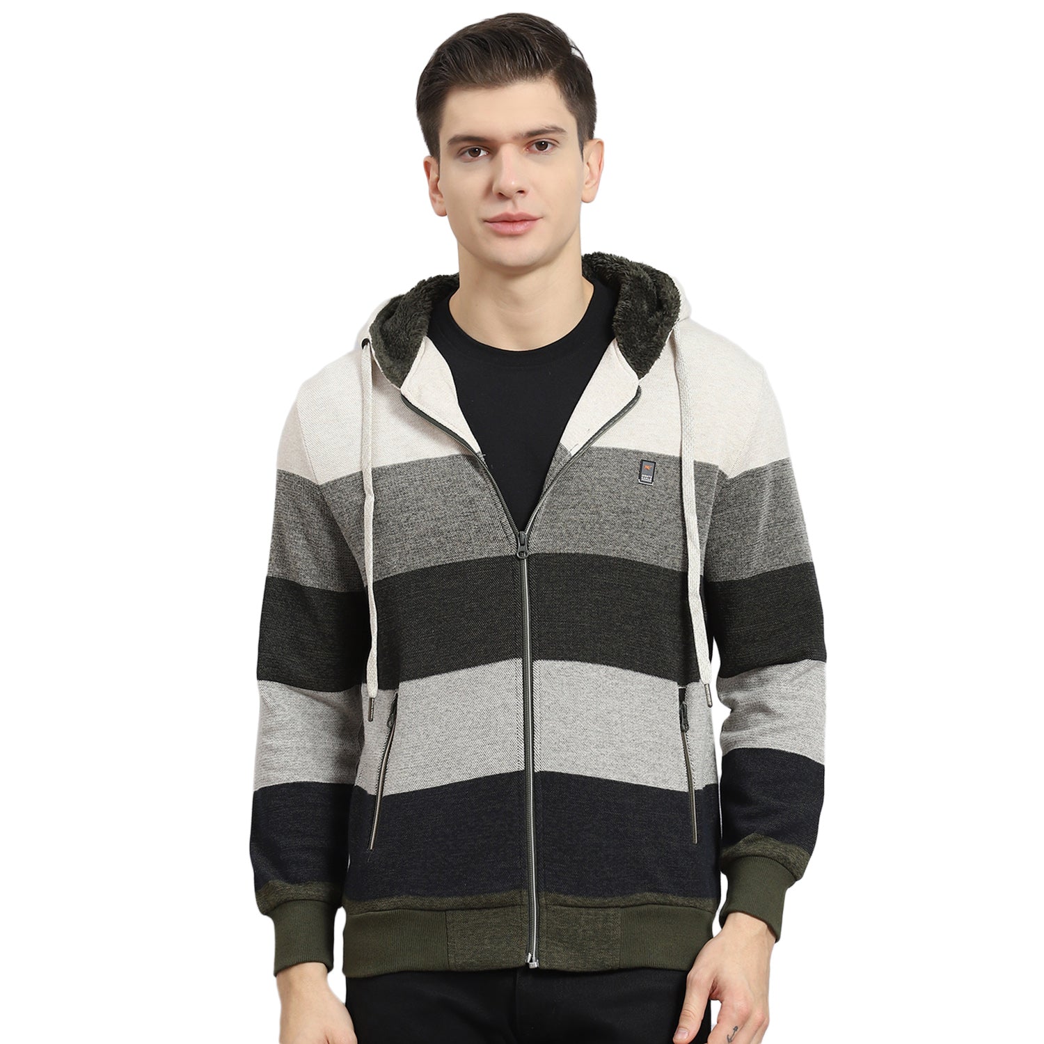 Men Beige Stripe Hooded Full Sleeve Sweatshirt