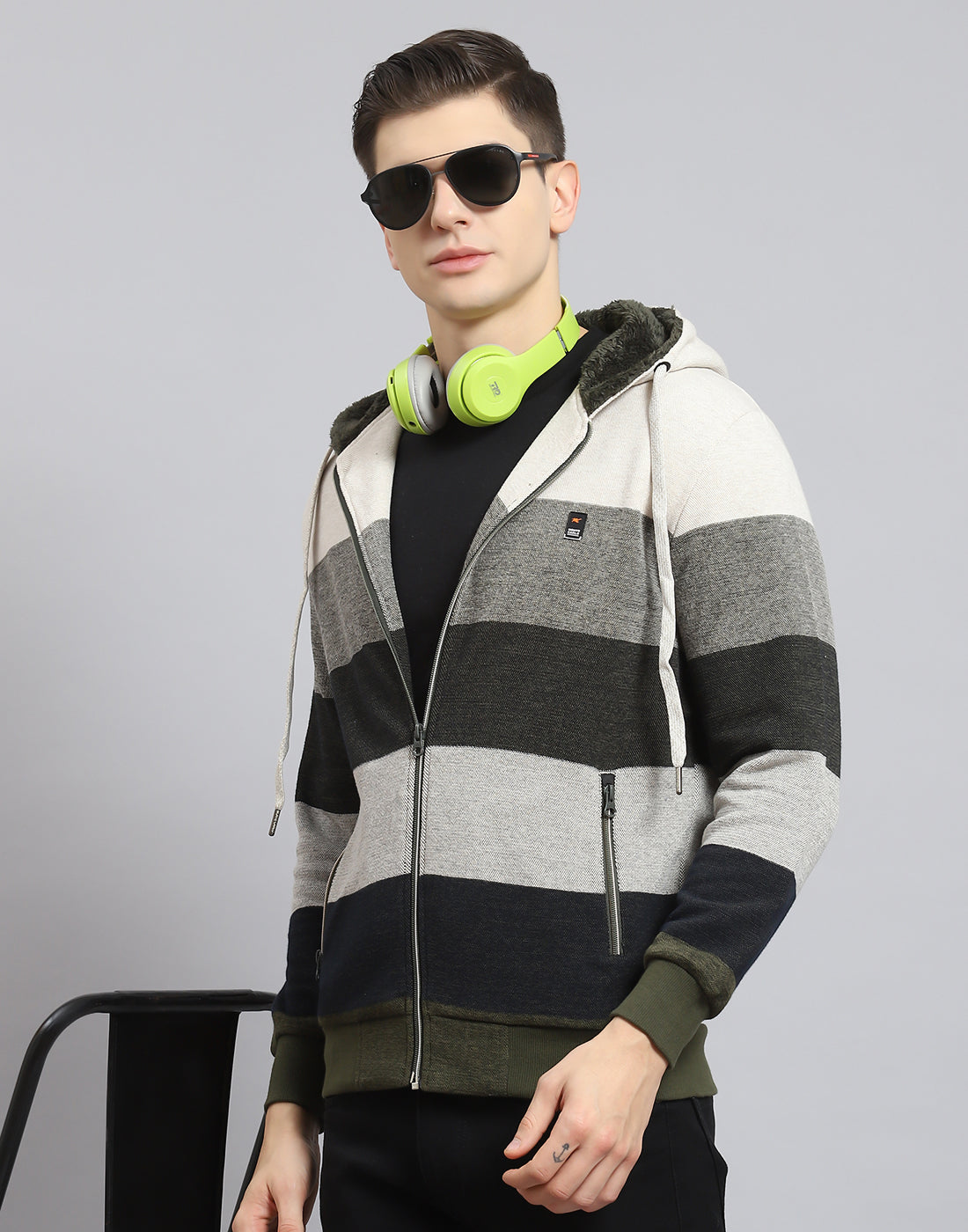 Men Beige Stripe Hooded Full Sleeve Sweatshirt