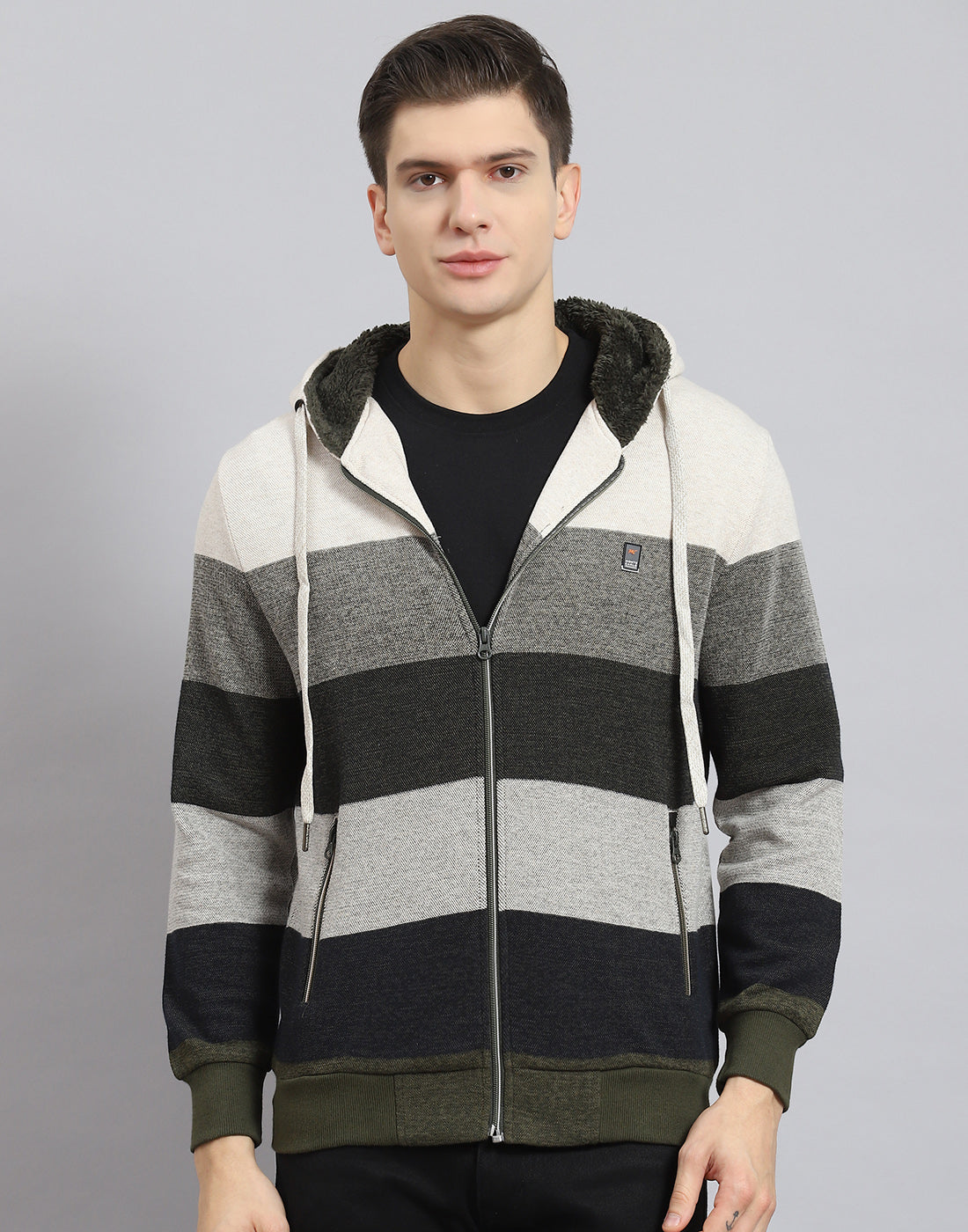 Men Beige Stripe Hooded Full Sleeve Sweatshirt