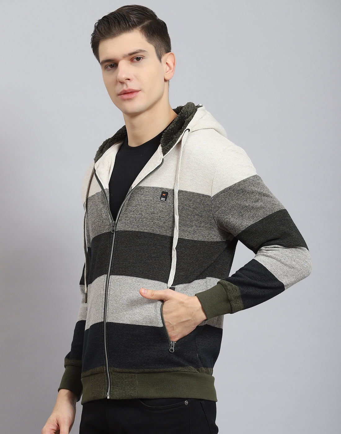 Men Beige Stripe Hooded Full Sleeve Sweatshirt