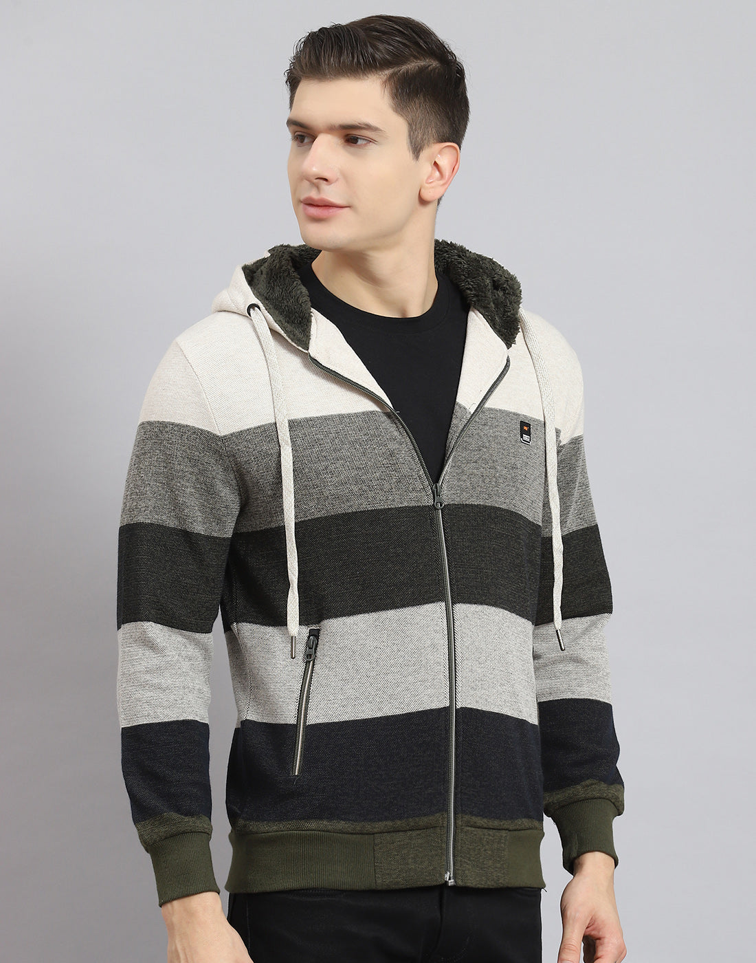 Men Beige Stripe Hooded Full Sleeve Sweatshirt