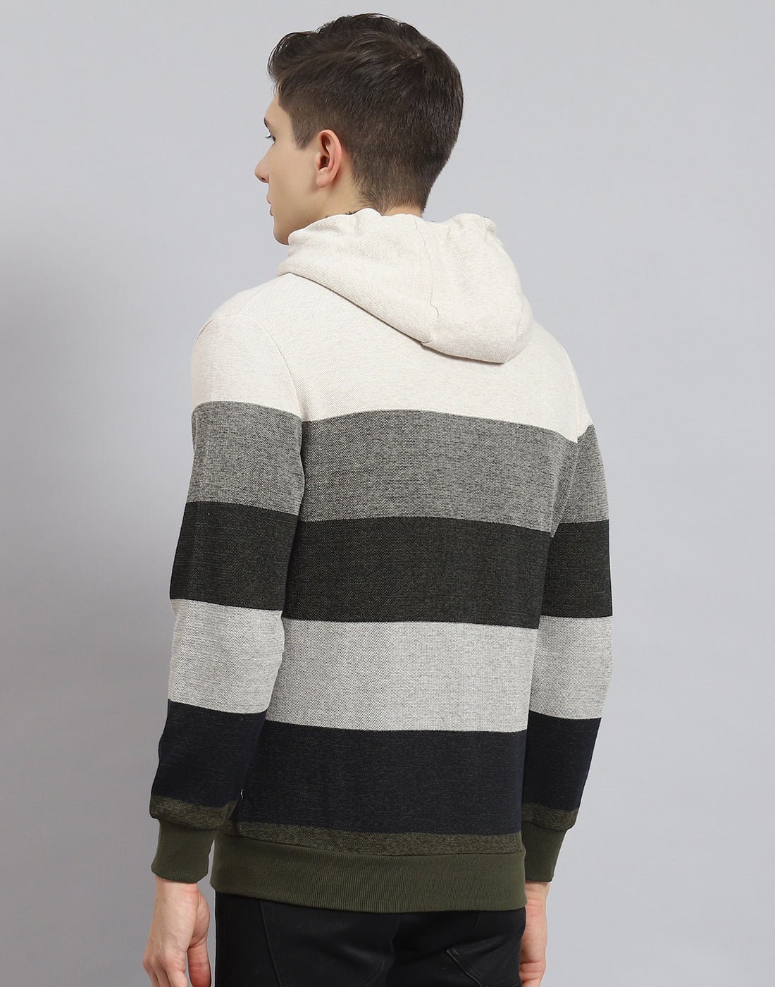 Men Beige Stripe Hooded Full Sleeve Sweatshirt
