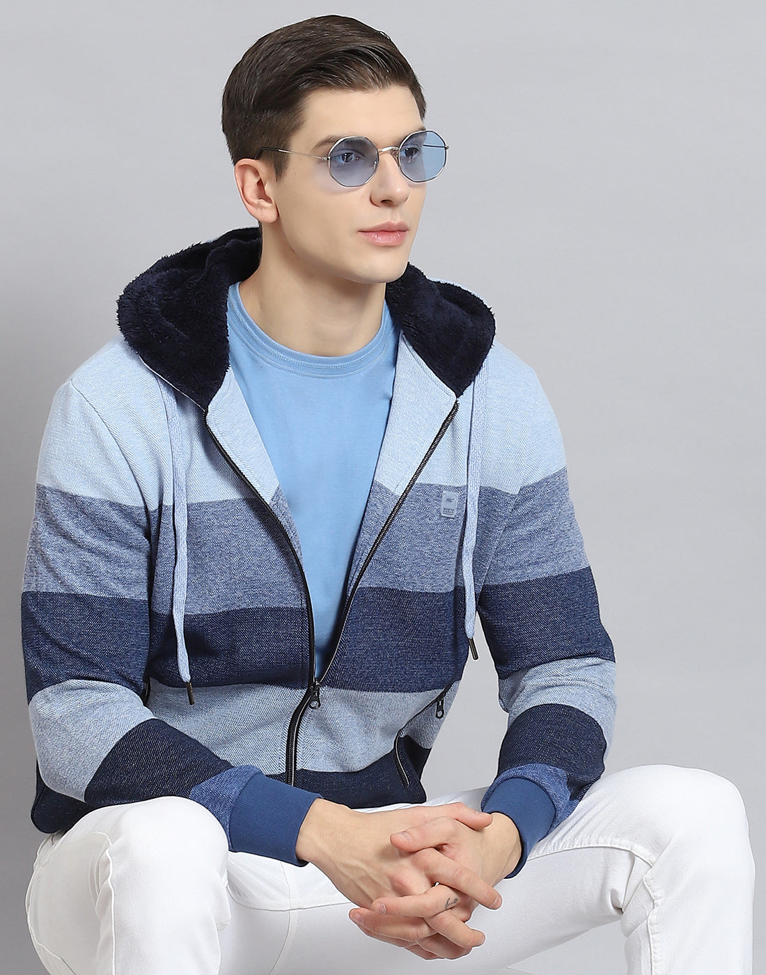 Men Blue Stripe Hooded Full Sleeve Sweatshirt