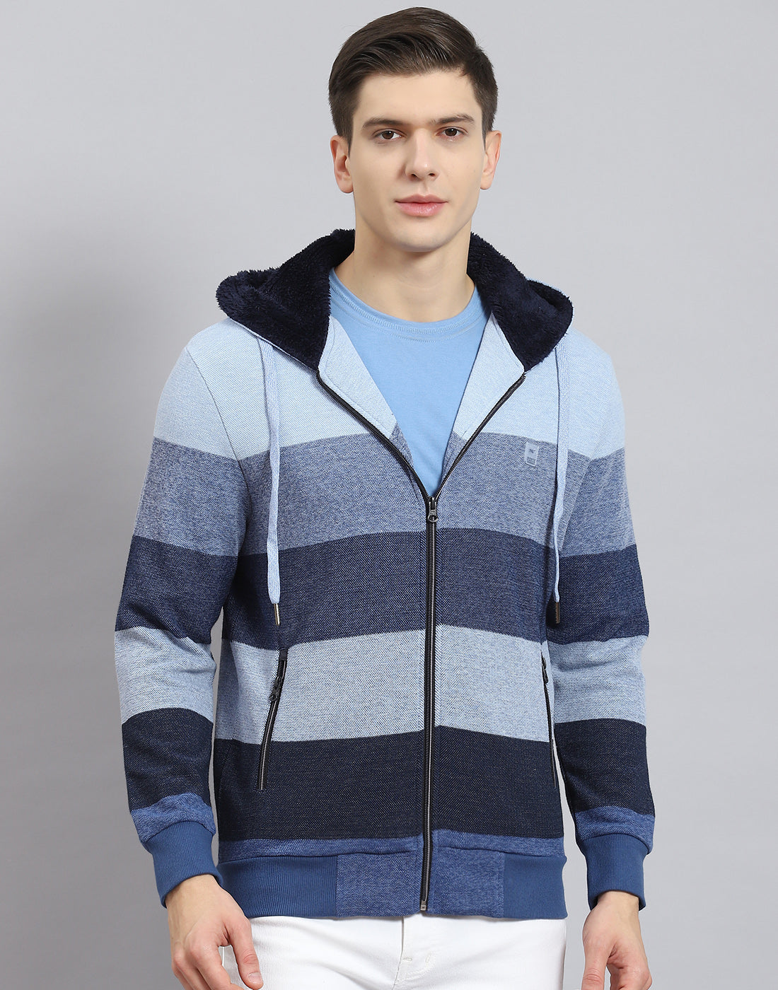 Men Blue Stripe Hooded Full Sleeve Sweatshirt