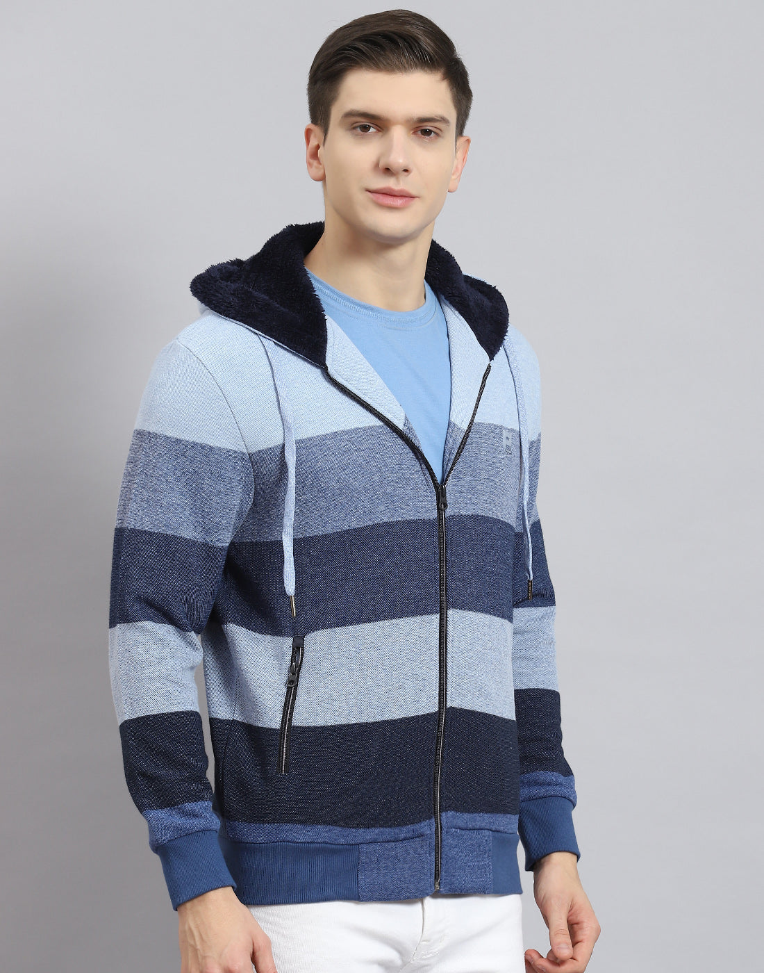 Men Blue Stripe Hooded Full Sleeve Sweatshirt