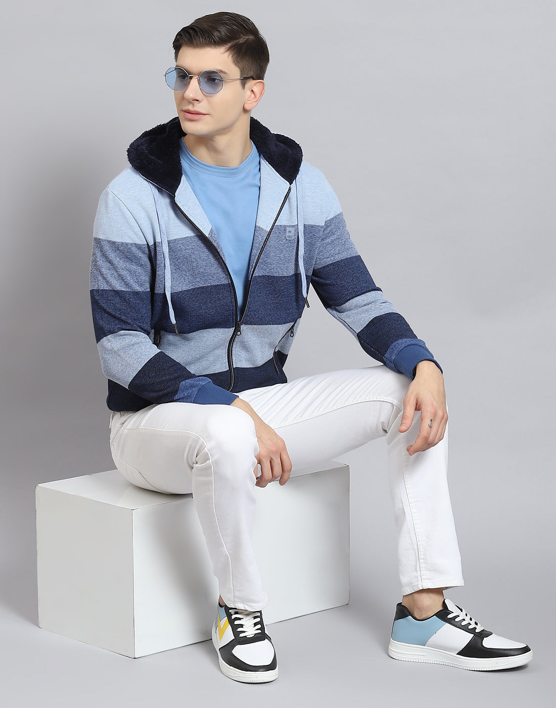 Men Blue Stripe Hooded Full Sleeve Sweatshirt - Main Image