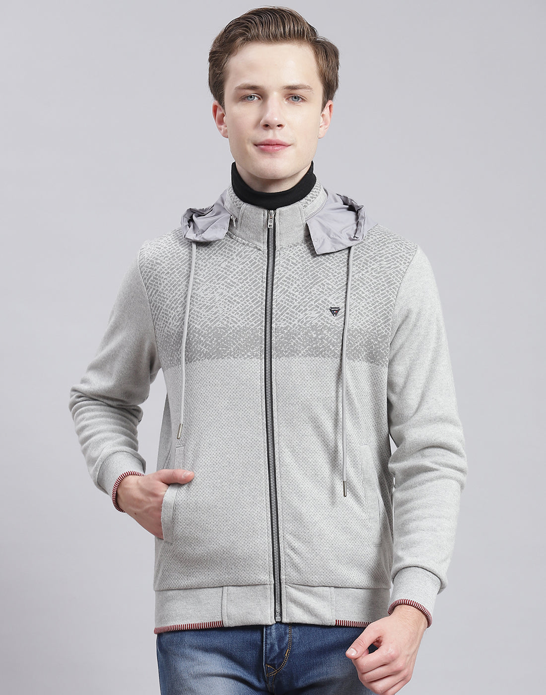 Men Grey Solid Hooded Full Sleeve Sweatshirt
