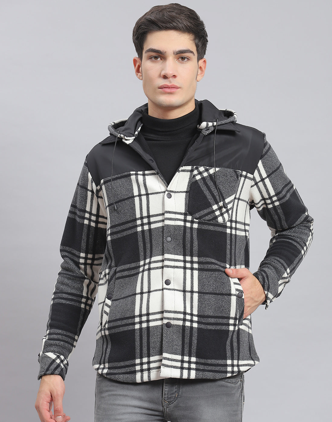 Men Black Check Hooded Full Sleeve Shirt