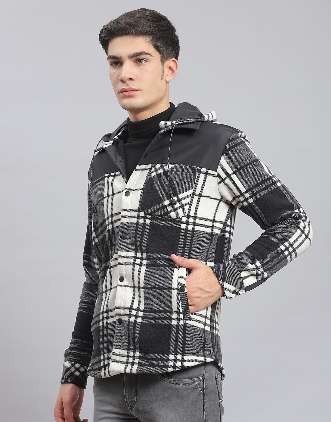 Men Black Check Hooded Full Sleeve Shirt