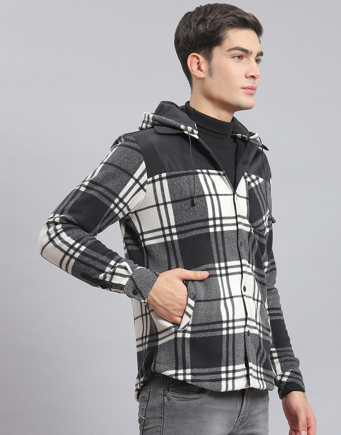 Men Black Check Hooded Full Sleeve Shirt