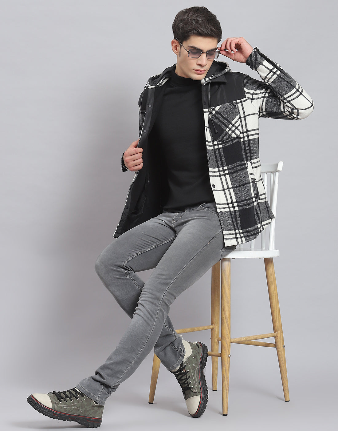 Men Black Check Hooded Full Sleeve Shirt