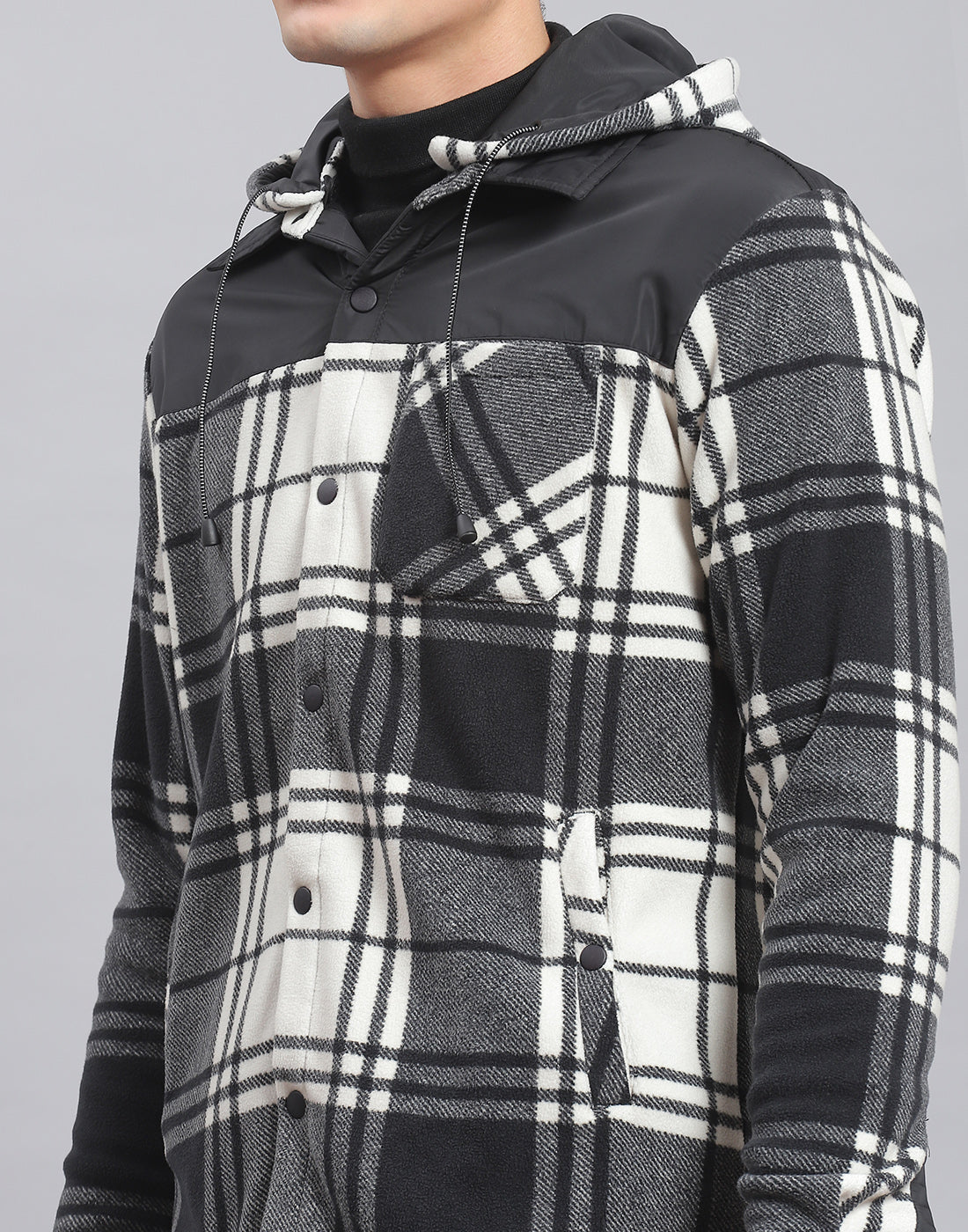 Men Black Check Hooded Full Sleeve Shirt