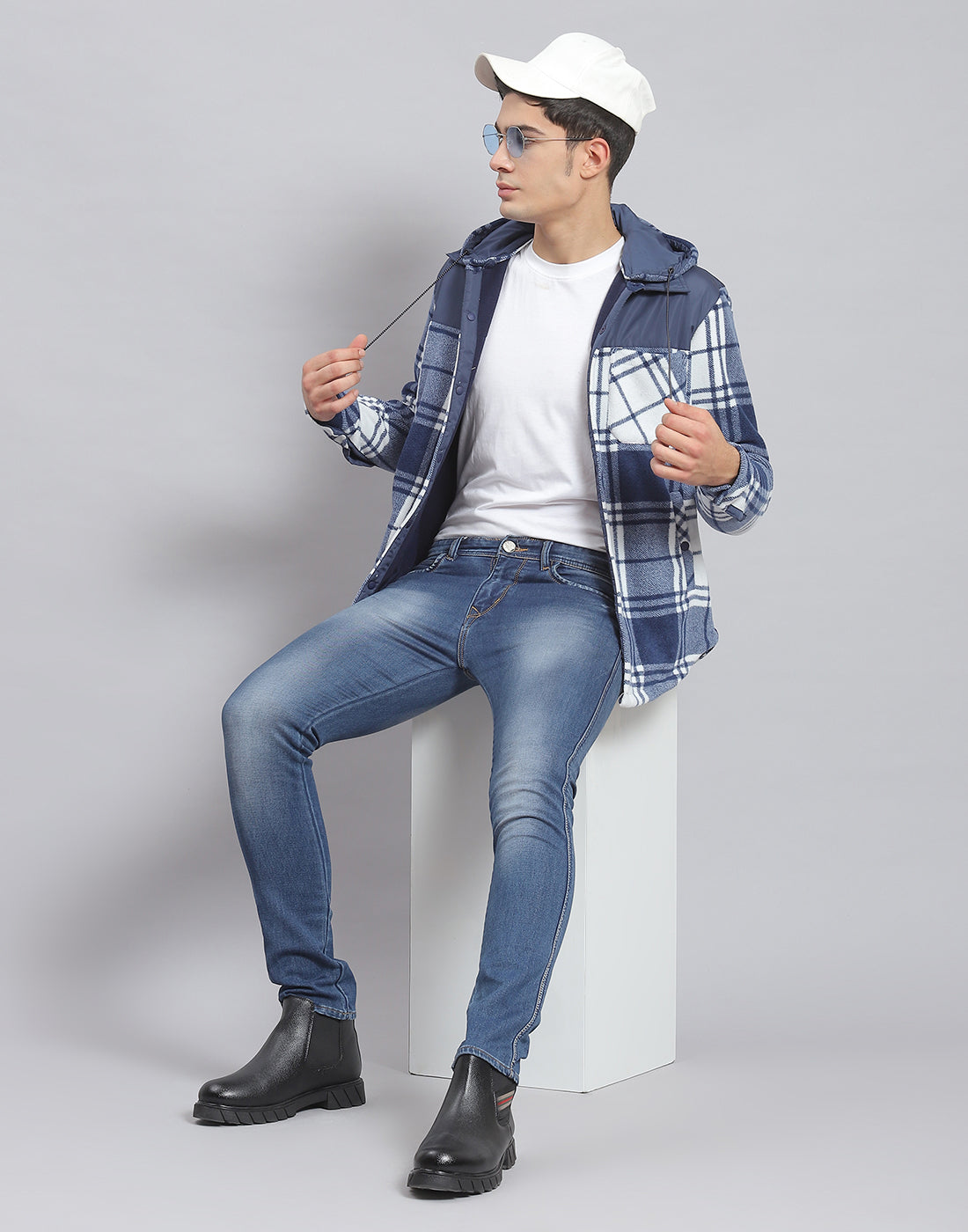 Men Blue Check Hooded Full Sleeve Shirt