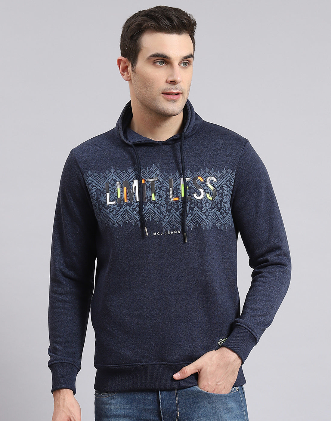 Men Blue Printed F Neck Full Sleeve Sweatshirt