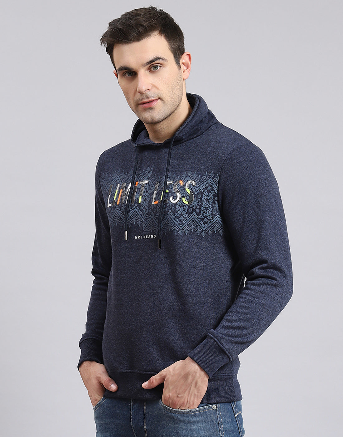Men Blue Printed F Neck Full Sleeve Sweatshirt