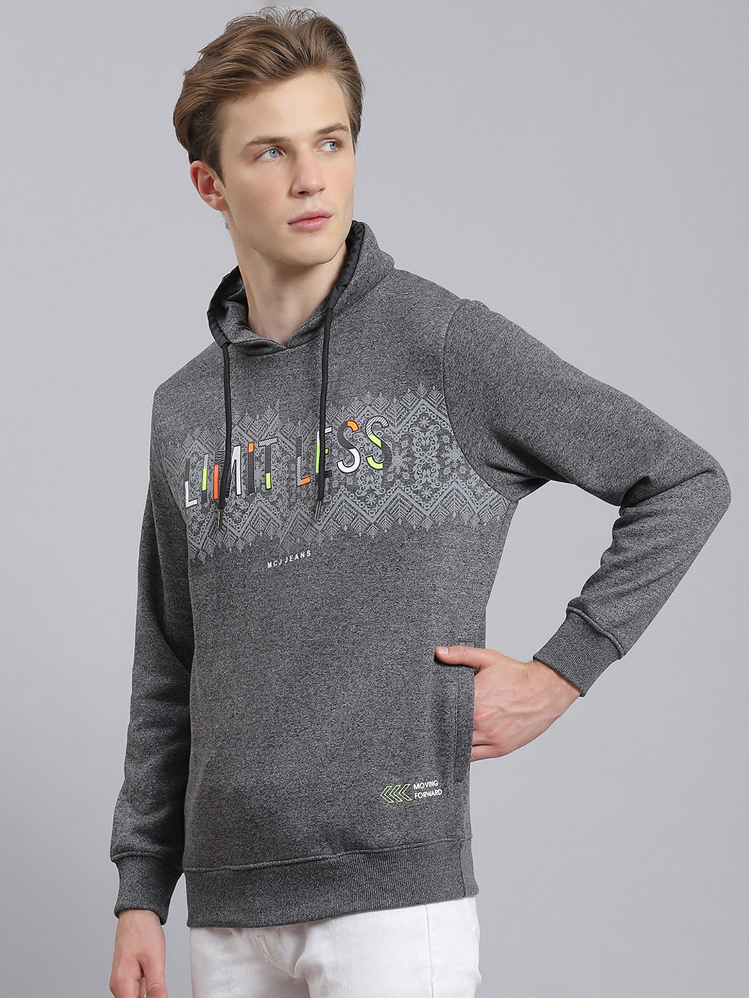 Men Grey Printed Mock Collar Full Sleeve Sweatshirt