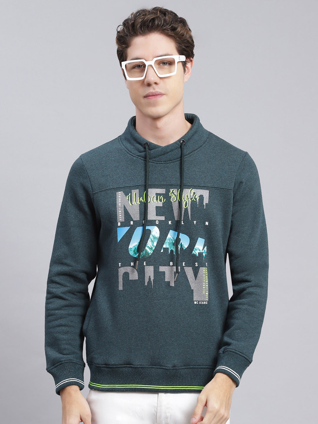Men Green Printed Cotton Blend Sweatshirt