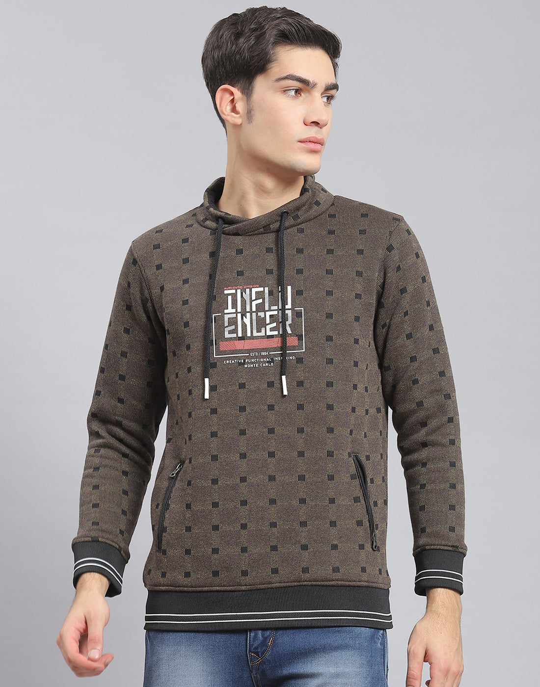 Men Brown Check F Neck Full Sleeve Sweatshirt