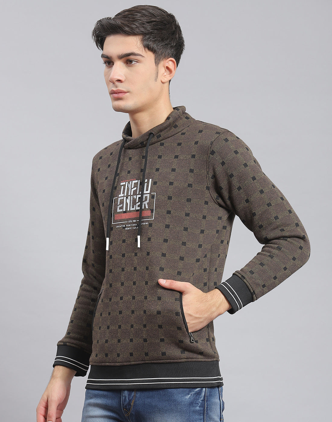 Men Brown Check F Neck Full Sleeve Sweatshirt