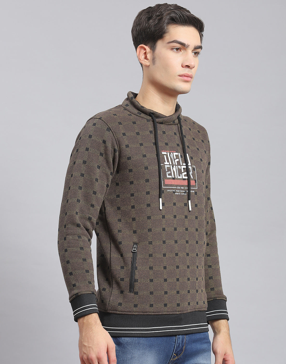 Men Brown Check F Neck Full Sleeve Sweatshirt