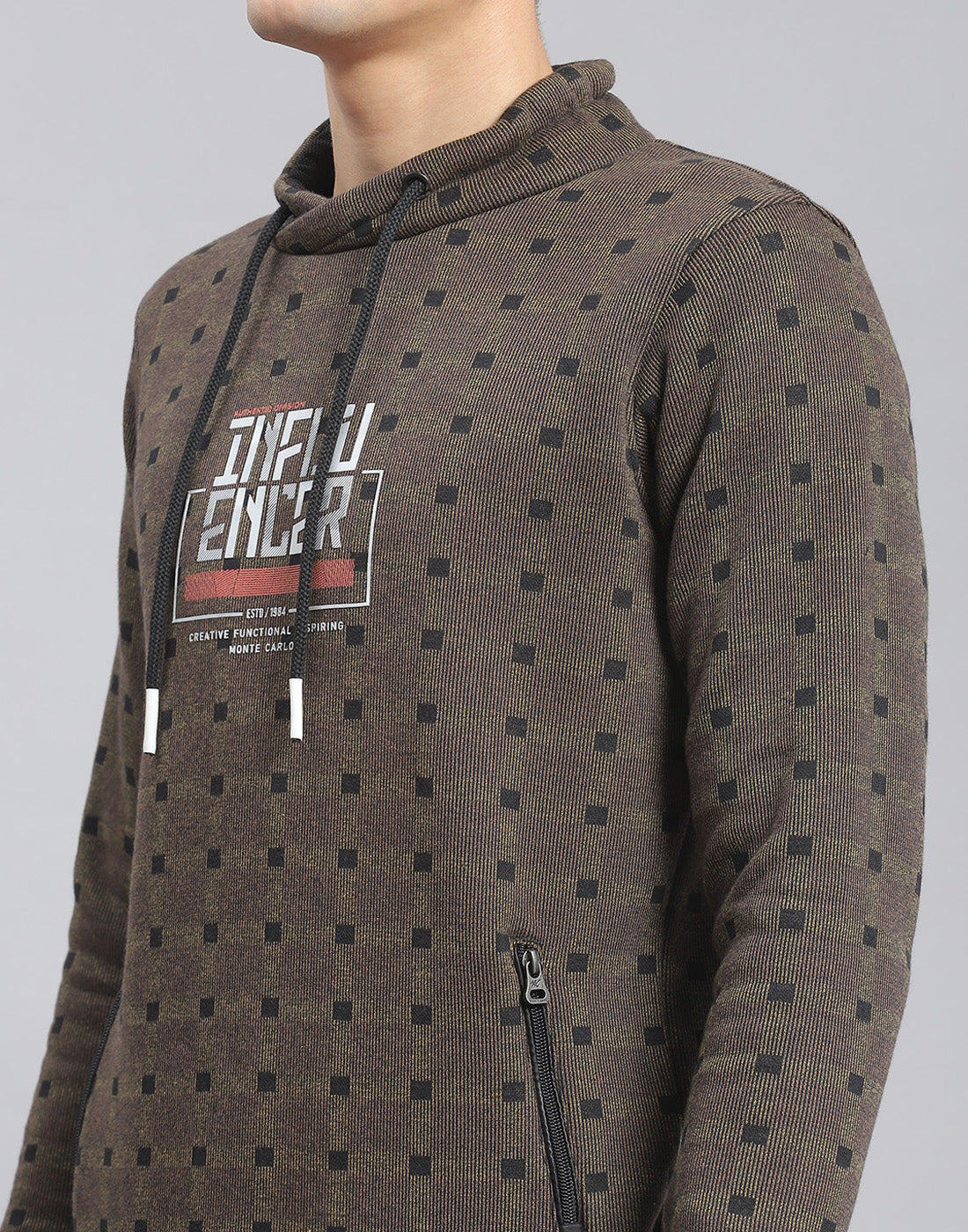 Men Brown Check F Neck Full Sleeve Sweatshirt
