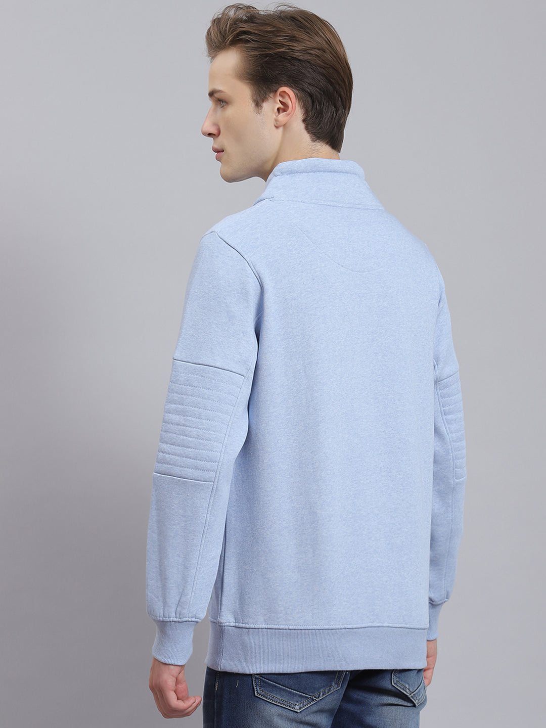 Men Blue Printed Mock Collar Full Sleeve Sweatshirt