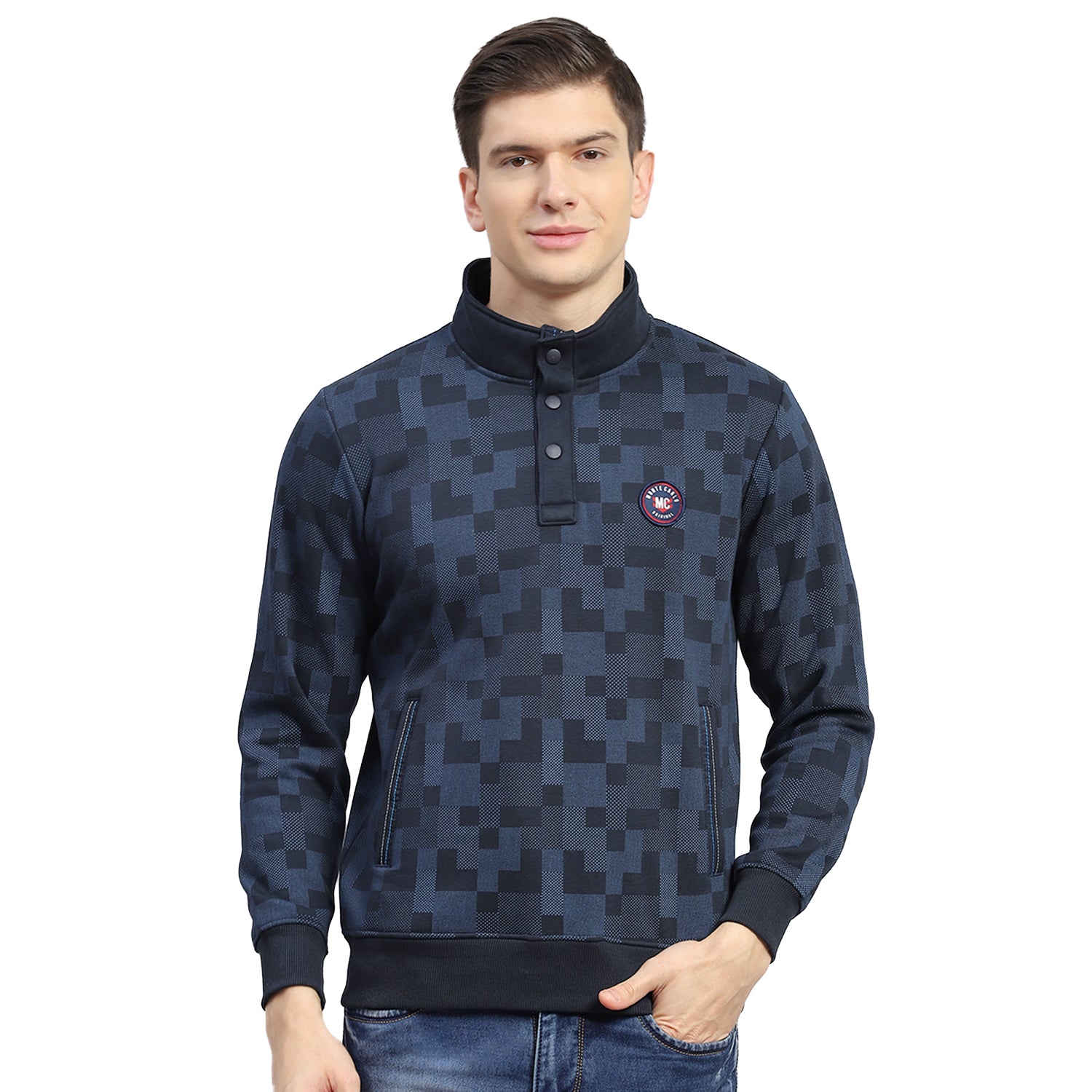 Men Teal Blue Printed T Neck Full Sleeve Sweatshirt