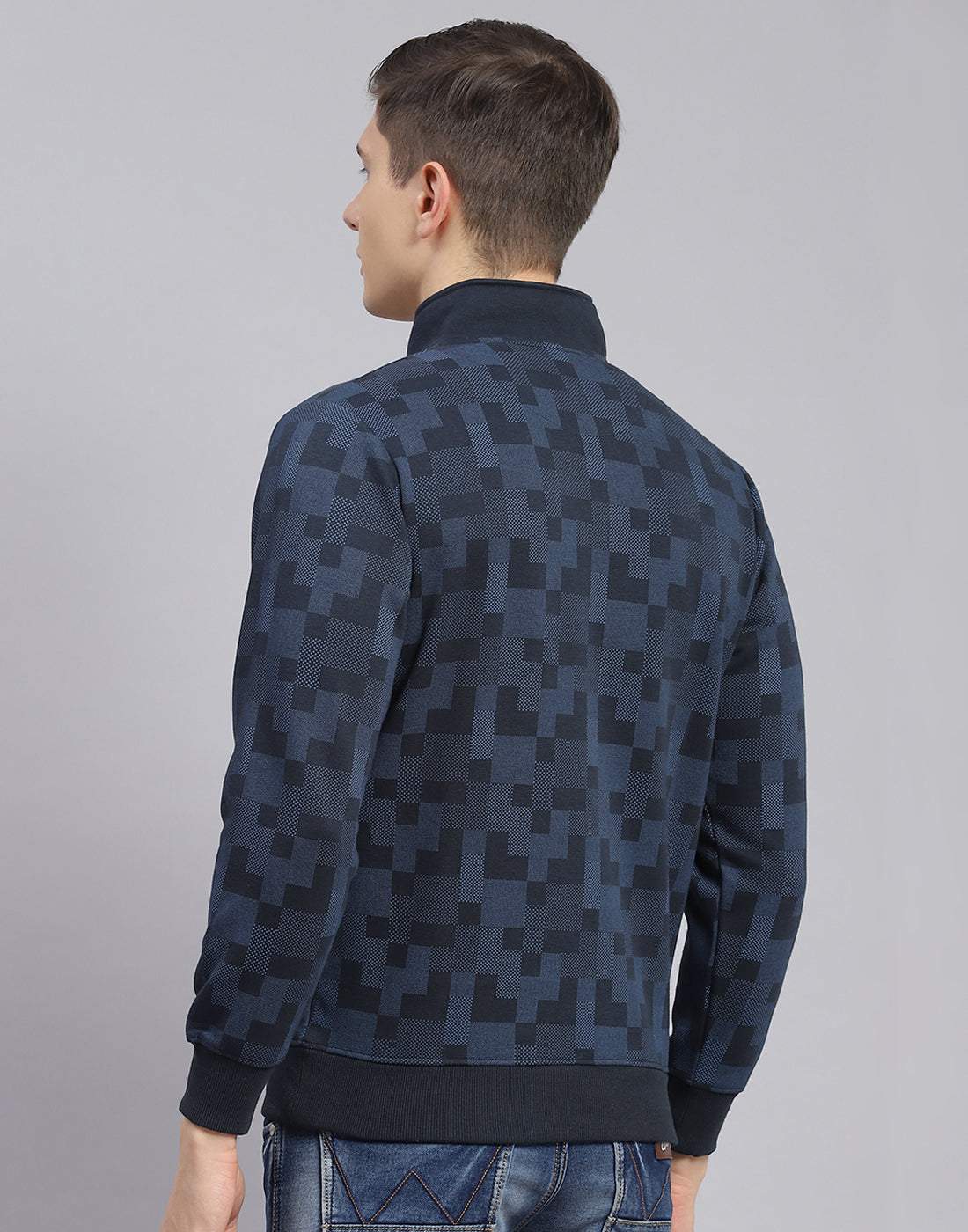 Men Teal Blue Printed T Neck Full Sleeve Sweatshirt