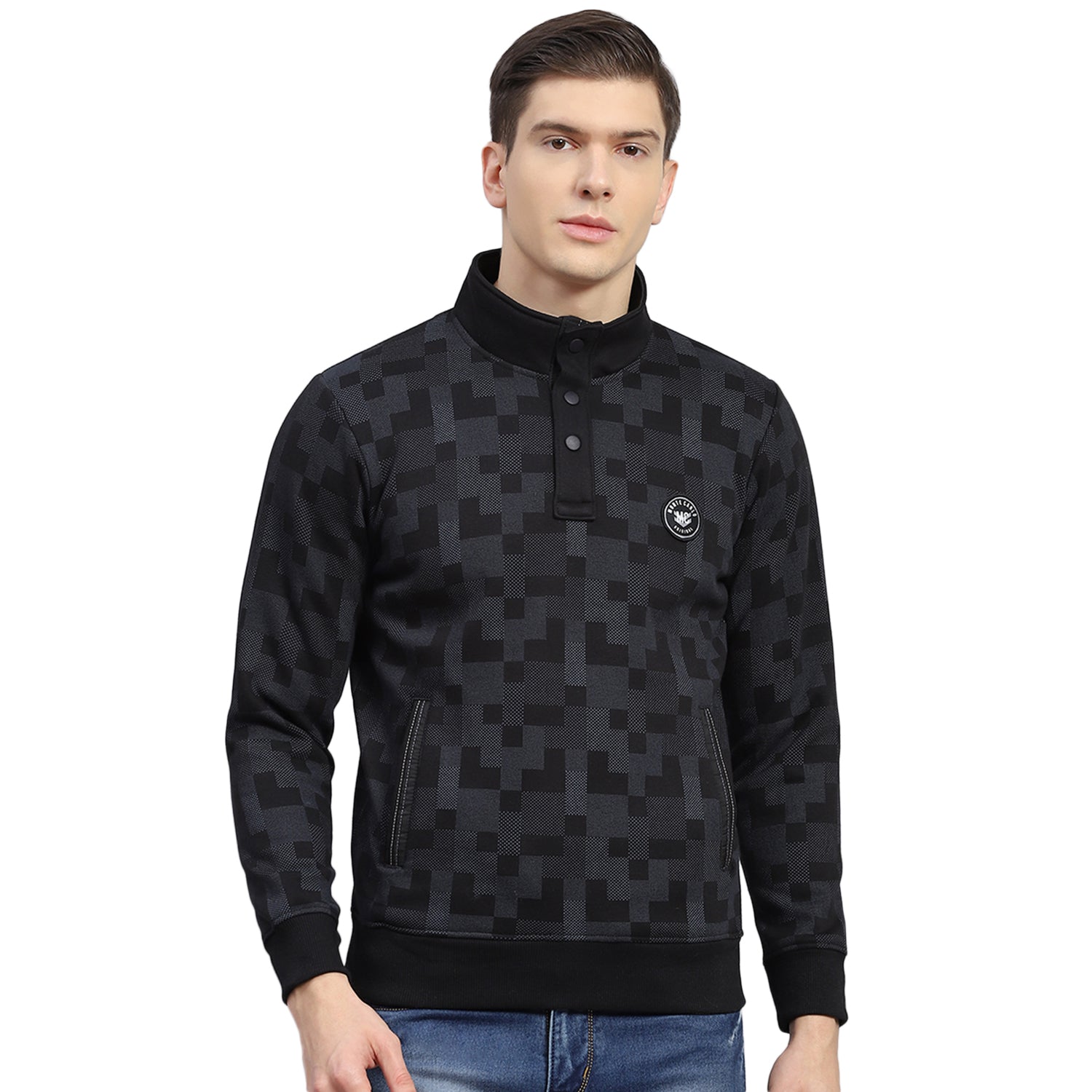 Men Black Self Design T Neck Full Sleeve Sweatshirt