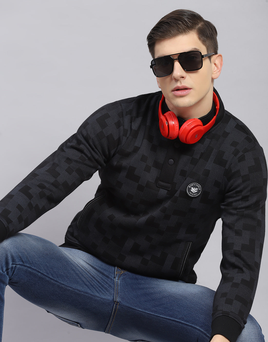 Men Black Self Design T Neck Full Sleeve Sweatshirt