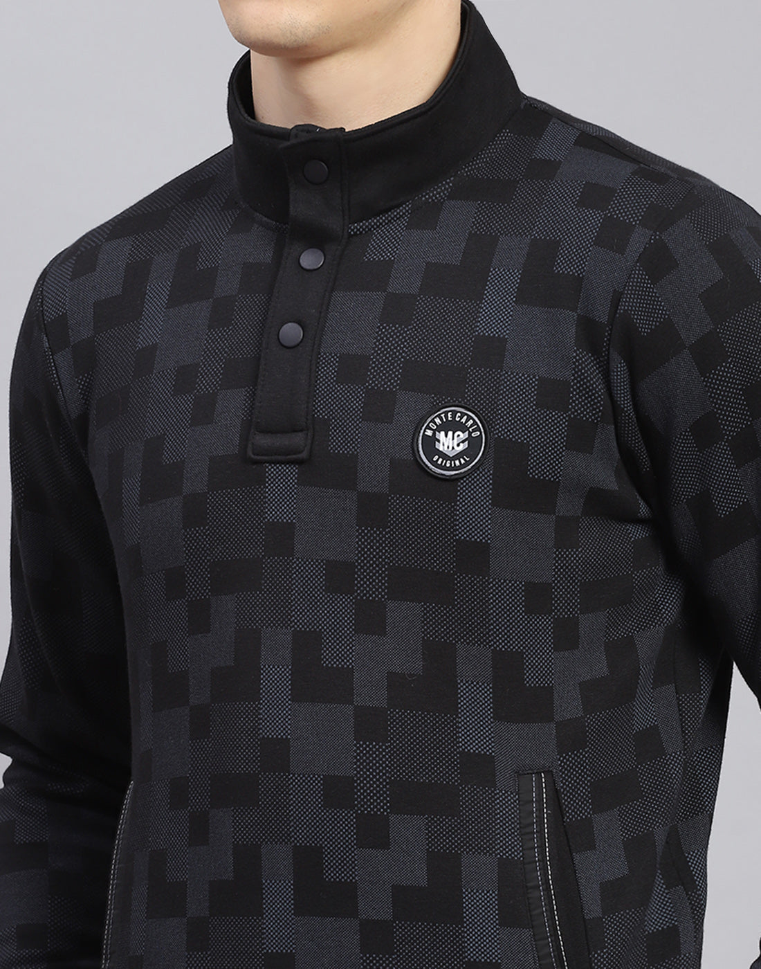 Men Black Self Design T Neck Full Sleeve Sweatshirt